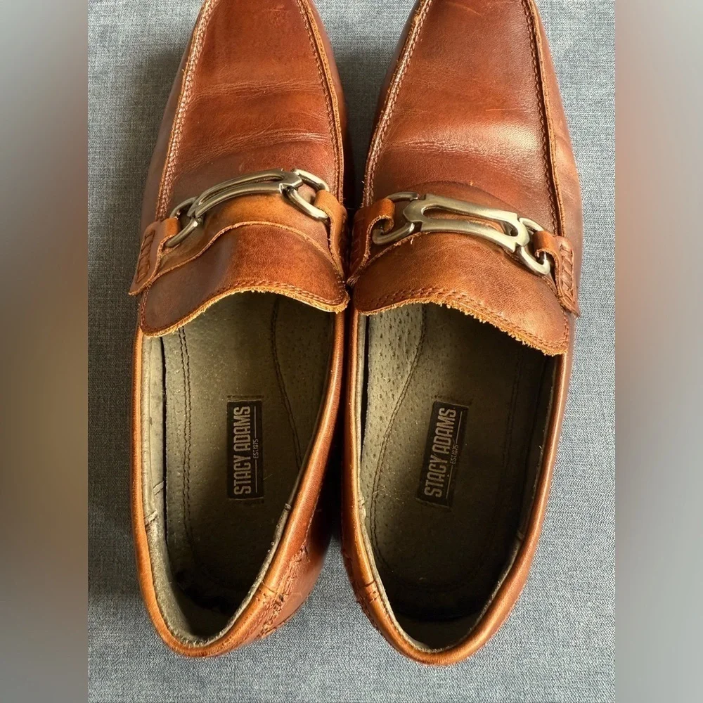 Stacy Adams Brown Leather Loafers Mens SZ 9.5M Slip On Chain Accent Professional